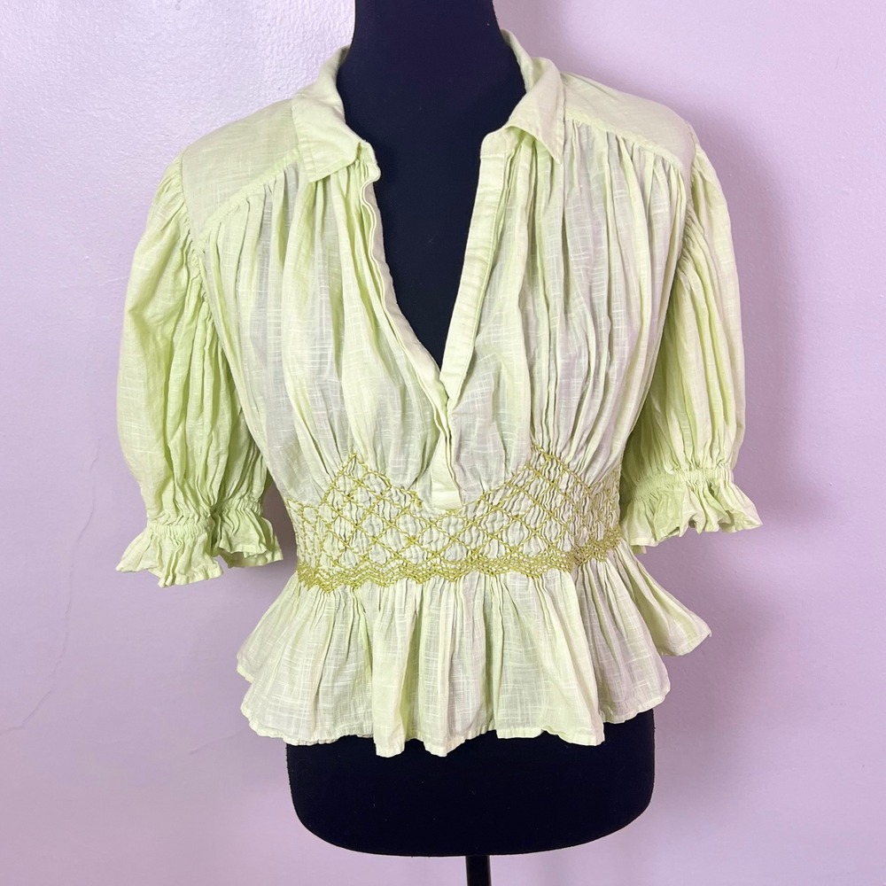 Anthropologie Smocked Peplum Blouse M Lime Green Boho Puff Sleeve Cotton Top